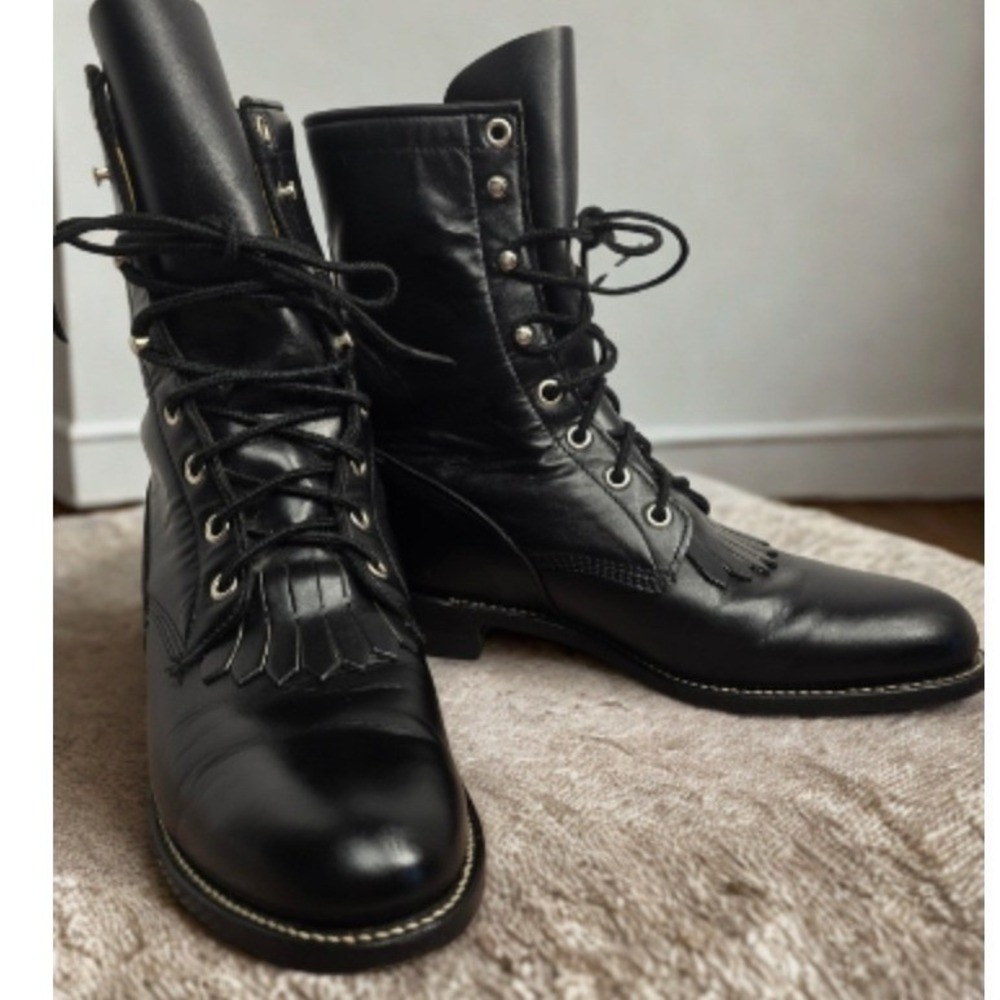 Womens Black Leather Packer Boots Lace Up Western Kiltie Fringe Mid Calf Boots